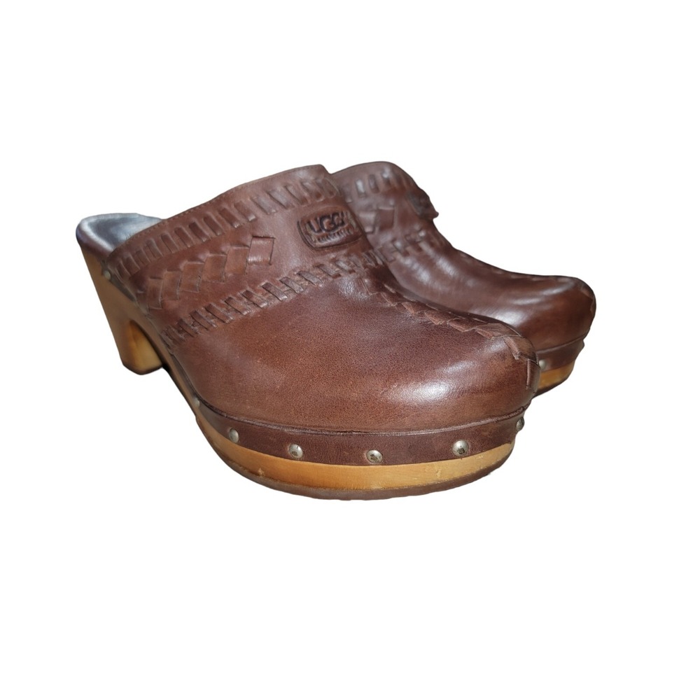 UGG Australia Womens Vivica Leather Wooden Clogs Mules Studded Shearling Toe 5 M